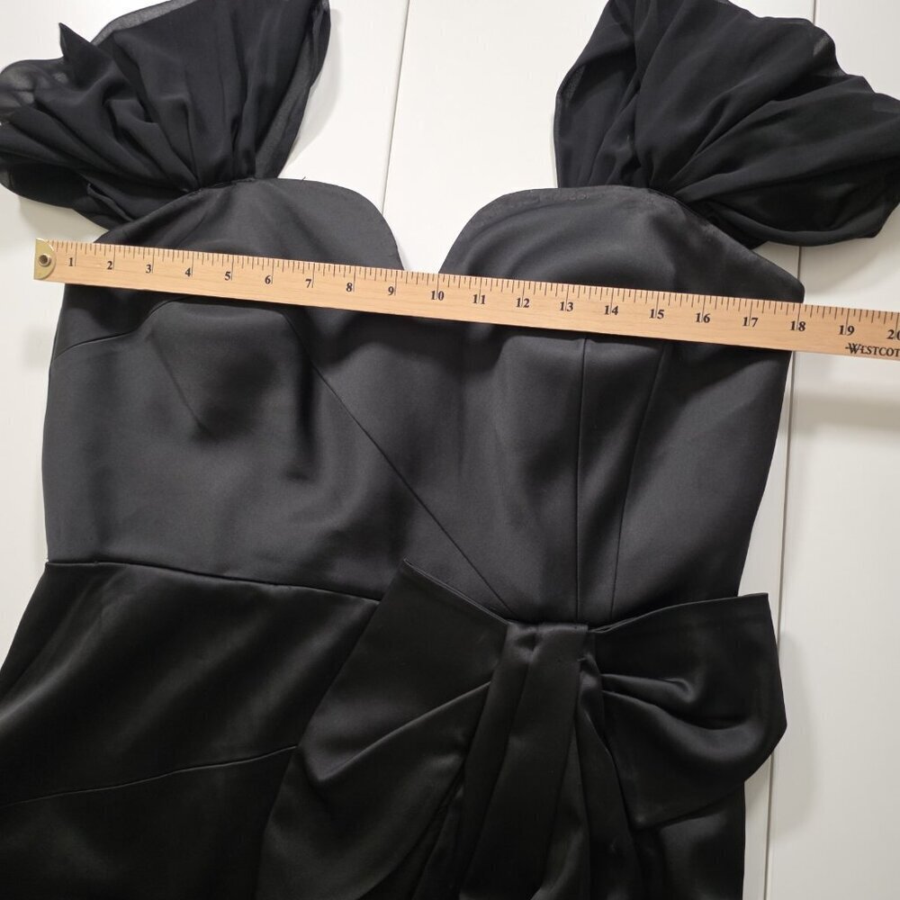 Catherine Malandrino Satin Dress XL Black Mini Lined Chiffon SS Bow LBD Cocktail - Picture 4 of 16